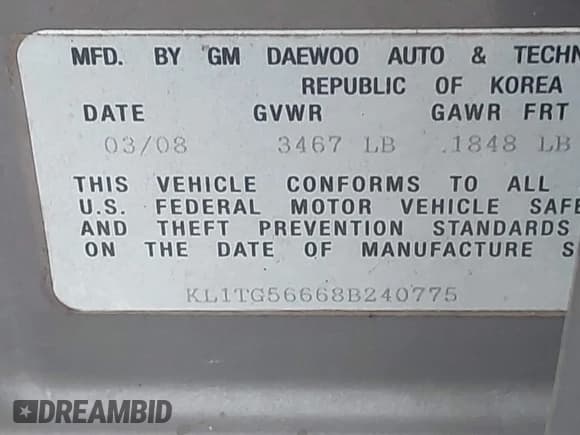 ✅ 2008 Chevrolet Aveo LT • VIN: KL1TG56668B240775 • Lot: 40971975. Wystawiony na IAAI z przebiegiem 137 900 mil. Bezpłatny archiwum sprzedaży aukcyjnych z USA i szczegółowy raport historii pojazdu na DreamBid. Zdjęcie 9.