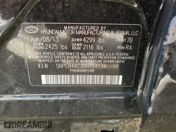 ✅ 2013 Hyundai Sonata GLS • VIN: 5NPEB4AC2DH724734 • Lot: 56502325. Listed on Copart with Not provided. Free auction sales archive from the USA and detailed vehicle history report at DreamBid. Image 12.