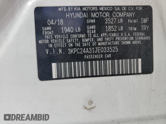✅ 2018 Hyundai Accent SE • VIN: 3KPC24A31JE033525 • Лот: 48105105. Опубликован ранее на Copart с пробегом 85 641 миль. Бесплатный доступ к архиву аукционных продаж из США и подробный отчёт об истории автомобиля на DreamBid. Изображение 12.