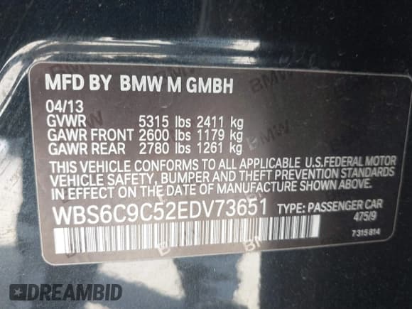 ✅ 2014 BMW M6 • VIN: WBS6C9C52EDV73651 • Lot: 42110470. Listed on IAAI with 127,576 mi. Free auction sales archive from the USA and detailed vehicle history report at DreamBid. Image 9.