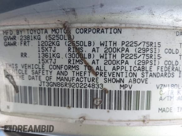 ✅ 2002 Toyota 4Runner SR5 • VIN: JT3GN86R920224833 • Lot: 42467333. Listed on IAAI with 307,236 mi. Free auction sales archive from the USA and detailed vehicle history report at DreamBid. Image 9.