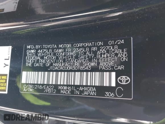 ✅ 2024 Toyota Prius SE • VIN: JTDACACU0R3018543 • Lot: 42478598. Listed on IAAI with 13,184 mi. Free auction sales archive from the USA and detailed vehicle history report at DreamBid. Image 9.
