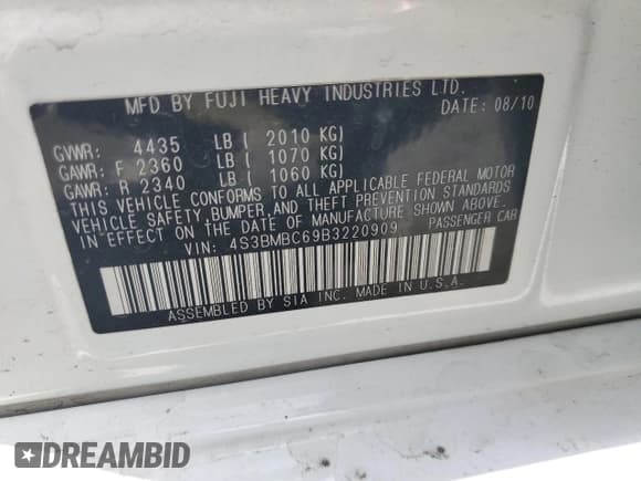 ✅ 2011 Subaru Legacy Premium • VIN: 4S3BMBC69B3220909 • Лот: 82456685. Опубликован ранее на Copart с пробегом 112 787 миль. Бесплатный доступ к архиву аукционных продаж из США и подробный отчёт об истории автомобиля на DreamBid. Изображение 12.