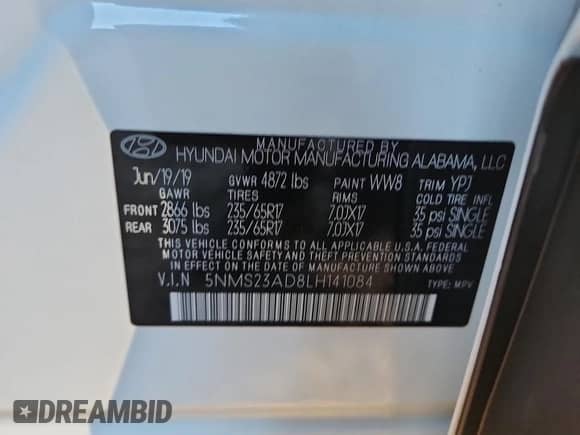 2020 Hyundai Santa Fe SE with VIN 5NMS23AD8LH141084, listed as a Copart auction lot 86678365 with 42,715 mi miles and Salvage title. Bid and sale history available at DreamBid. Image 12.