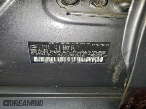 ✅ 2022 Subaru Legacy Limited • VIN: 4S3BWAM64N3003615 • Lot: 94212265. Listed on Copart with 56,577 mi. Free auction sales archive from the USA and detailed vehicle history report at DreamBid. Image 13.