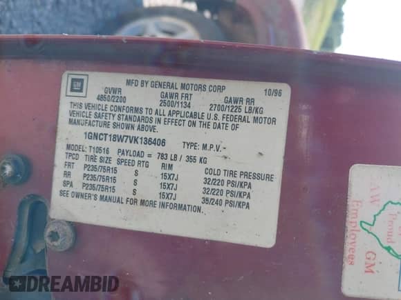 1997 Chevrolet Blazer LS z VIN 1GNCT18W7VK136406, wystawiony jako IAAI lot #42574267 z przebiegiem 185 908 mil mil oraz . Historia ofert i sprzedaży dostępna na DreamBid. Obrazek 9.