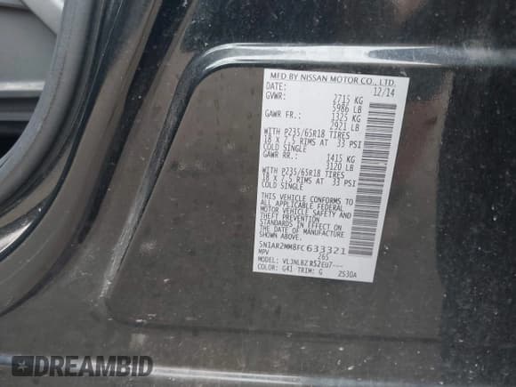 ✅ 2015 Nissan Pathfinder SL • VIN: 5N1AR2MM8FC633321 • Lot: 42521818. Listed on IAAI with 180,279 mi. Free auction sales archive from the USA and detailed vehicle history report at DreamBid. Image 9.