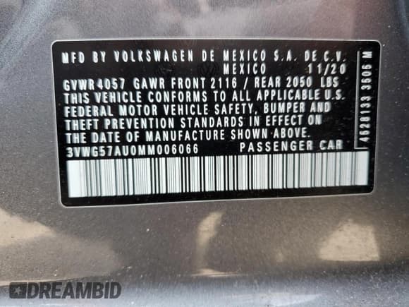 ✅ 2021 Volkswagen Golf TSI • VIN: 3VWG57AU0MM006066 • Лот: 61004554. Опубликован ранее на Copart с пробегом 62 708 миль. Бесплатный доступ к архиву аукционных продаж из США и подробный отчёт об истории автомобиля на DreamBid. Изображение 13.