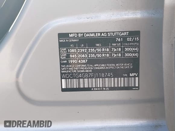 ✅ 2015 Mercedes-Benz GLA 250 • VIN: WDCTG4GB7FJ118745 • Lot: 43383161. Listed on IAAI with 124,600 mi. Free auction sales archive from the USA and detailed vehicle history report at DreamBid. Image 9.