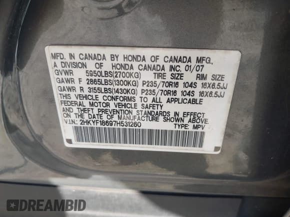 ✅ 2007 Honda Pilot EX-L • VIN: 2HKYF18697H531260 • Lot: 43099533. Wystawiony na IAAI z przebiegiem 292 428 mil. Bezpłatny archiwum sprzedaży aukcyjnych z USA i szczegółowy raport historii pojazdu na DreamBid. Zdjęcie 9.