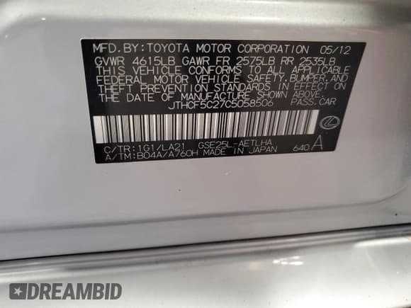 ✅ 2012 Lexus IS 250 • VIN: JTHCF5C27C5058506 • Lot: 60878405. Listed on Copart with 95,331 mi. Free auction sales archive from the USA and detailed vehicle history report at DreamBid. Image 12.