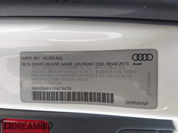 ✅ 2019 Audi A4 Premium • VIN: WAUDNAF41KN018478 • Lot: 43308982. Listed on IAAI with 53,162 mi. Free auction sales archive from the USA and detailed vehicle history report at DreamBid. Image 9.