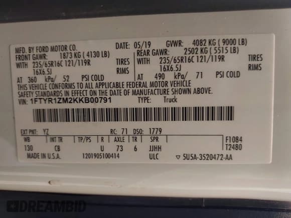 ✅ 2019 Ford Transit • VIN: 1FTYR1ZM2KKB00791 • Lot: 43635058. Wystawiony na IAAI z przebiegiem 93 142 mil. Bezpłatny archiwum sprzedaży aukcyjnych z USA i szczegółowy raport historii pojazdu na DreamBid. Zdjęcie 9.
