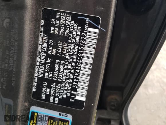 ✅ 2012 Hyundai Santa Fe Limited • VIN: 5XYZK4AG4CG157629 • Lot: 68287584. Listed on Copart with 25,431 mi. Free auction sales archive from the USA and detailed vehicle history report at DreamBid. Image 12.