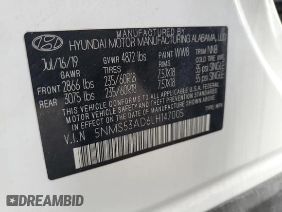 ✅ 2020 Hyundai Santa Fe Limited • VIN: 5NMS53AD6LH147005 • Lot: 91862925. Wystawiony na Copart z przebiegiem 75 429 mil. Bezpłatny archiwum sprzedaży aukcyjnych z USA i szczegółowy raport historii pojazdu na DreamBid. Zdjęcie 12.