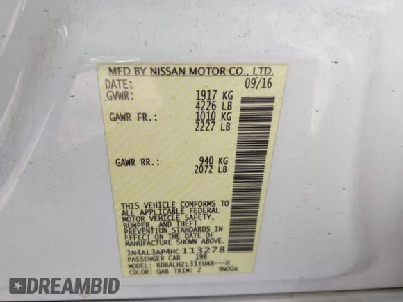 ✅ 2017 Nissan Altima SV • VIN: 1N4AL3AP4HC113278 • Lot: 43838769. Listed on IAAI with 209,424 mi. Free auction sales archive from the USA and detailed vehicle history report at DreamBid. Image 9.