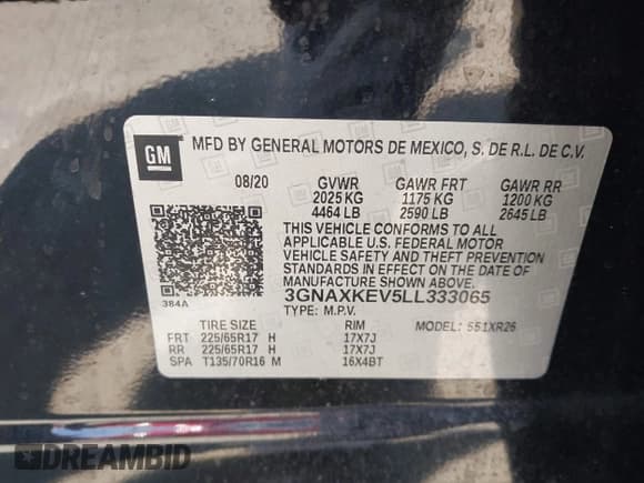 ✅ 2020 Chevrolet Equinox LT • VIN: 3GNAXKEV5LL333065 • Lot: 43175578. Wystawiony na IAAI z przebiegiem 48 910 mil. Bezpłatny archiwum sprzedaży aukcyjnych z USA i szczegółowy raport historii pojazdu na DreamBid. Zdjęcie 9.