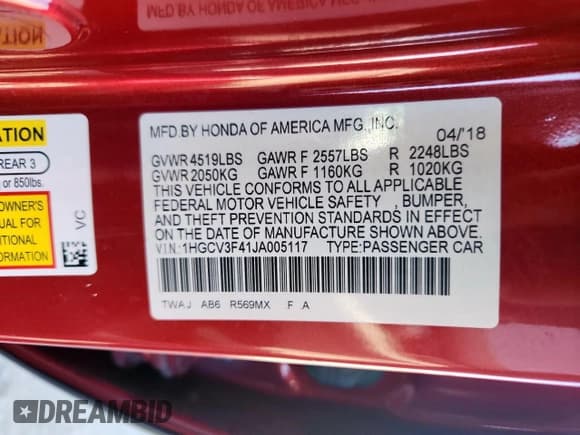 ✅ 2018 Honda Accord EX • VIN: 1HGCV3F41JA005117 • Lot: 61207945. Listed on Copart with 58,089 mi. Free auction sales archive from the USA and detailed vehicle history report at DreamBid. Image 12.