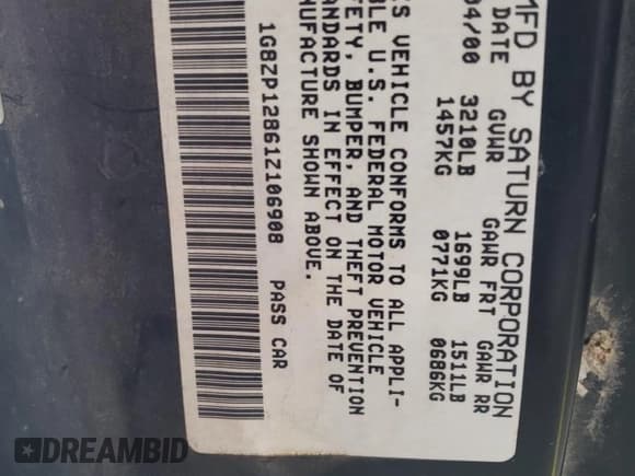 ✅ 2001 Saturn SC • VIN: 1G8ZP12861Z106908 • Лот: 69387405. Опубликован ранее на Copart с пробегом Не указан. Бесплатный доступ к архиву аукционных продаж из США и подробный отчёт об истории автомобиля на DreamBid. Изображение 12.