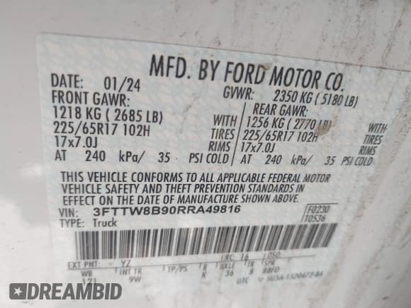 ✅ 2024 Ford Maverick XL • VIN: 3FTTW8B90RRA49816 • Lot: 43429450. Listed on IAAI with 43,135 mi. Free auction sales archive from the USA and detailed vehicle history report at DreamBid. Image 9.