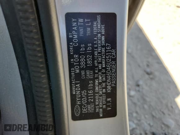 ✅ 2006 Hyundai Elantra GLS • VIN: KMHDN46D46U251167 • Лот: 66229955. Опубликован ранее на Copart с пробегом Не указан. Бесплатный доступ к архиву аукционных продаж из США и подробный отчёт об истории автомобиля на DreamBid. Изображение 12.