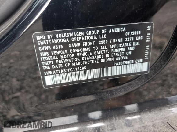 ✅ 2015 Volkswagen Passat Limited Edition • VIN: 1VWAT7A37FC116295 • Lot: 66652795. Listed on Copart with 64,880 mi. Free auction sales archive from the USA and detailed vehicle history report at DreamBid. Image 12.