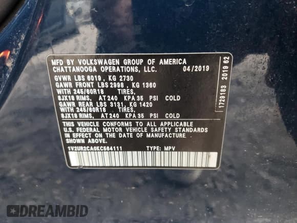 ✅ 2019 Volkswagen Atlas SE • VIN: 1V2UR2CA0KC564111 • Lot: 86480805. Listed on Copart with 131,053 mi. Free auction sales archive from the USA and detailed vehicle history report at DreamBid. Image 13.