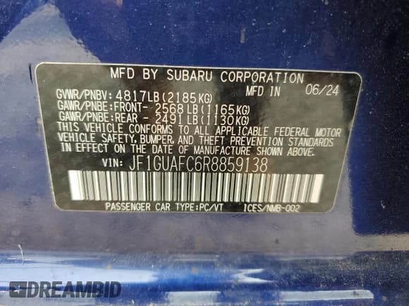 ✅ 2024 Subaru Impreza Special Sports • VIN: JF1GUAFC6R8859138 • Lot: 66193305. Listed on Copart with 4,963 mi. Free auction sales archive from the USA and detailed vehicle history report at DreamBid. Image 13.