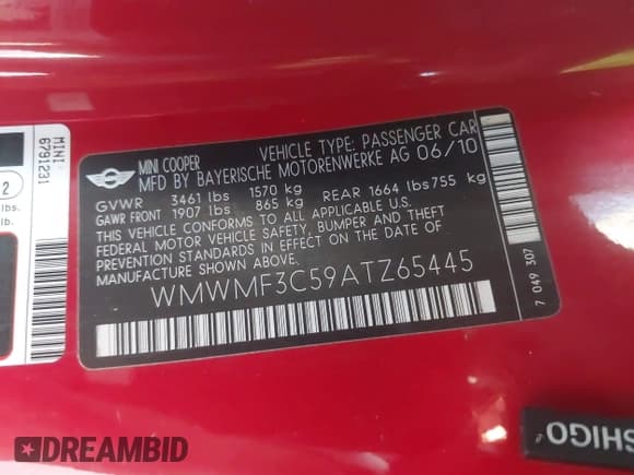 ✅ 2010 MINI Hardtop • VIN: WMWMF3C59ATZ65445 • Lot: 43862455. Wystawiony na IAAI z przebiegiem 72 039 mil. Bezpłatny archiwum sprzedaży aukcyjnych z USA i szczegółowy raport historii pojazdu na DreamBid. Zdjęcie 9.