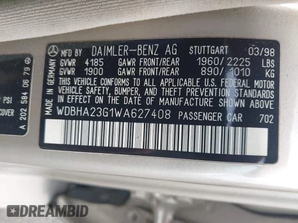 ✅ 1998 Mercedes-Benz C 230/260/280/320 • VIN: WDBHA23G1WA627408 • Lot: 42691561. Wystawiony na IAAI z przebiegiem 106 277 mil. Bezpłatny archiwum sprzedaży aukcyjnych z USA i szczegółowy raport historii pojazdu na DreamBid. Zdjęcie 9.