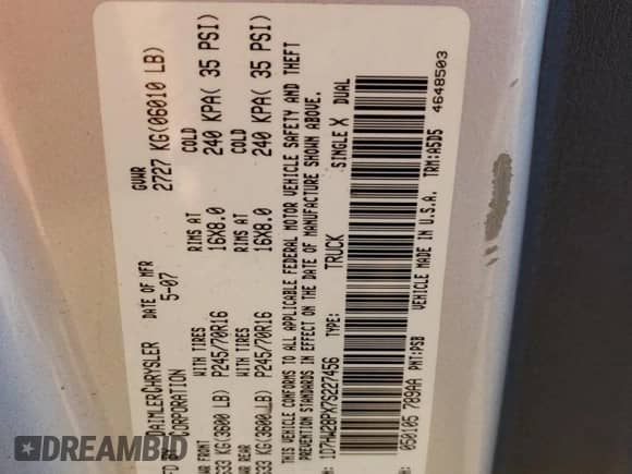 2007 Dodge Dakota ST with VIN 1D7HW28PX7S227456, listed as a Copart auction lot 71838704 with 113,928 mi miles and Salvage title. Bid and sale history available at DreamBid. Image 12.