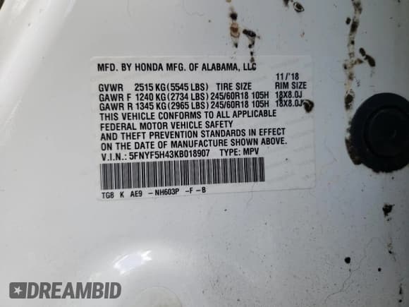 ✅ 2019 Honda Pilot EX-L • VIN: 5FNYF5H43KB018907 • Lot: 64629115. Listed on Copart with 91,727 mi. Free auction sales archive from the USA and detailed vehicle history report at DreamBid. Image 13.