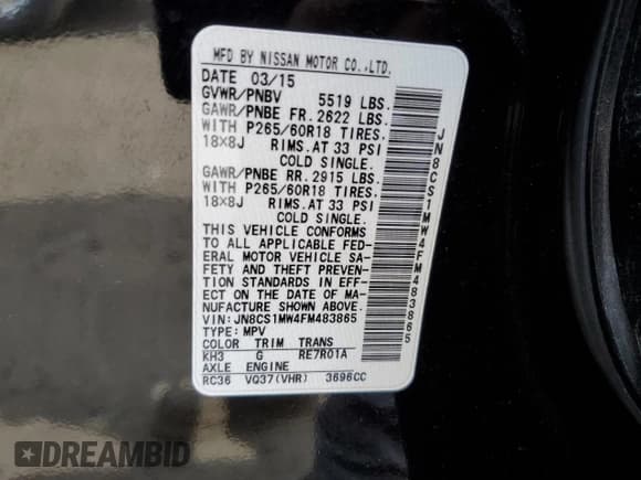 ✅ 2015 Infiniti QX70 • VIN: JN8CS1MW4FM483865 • Lot: 57000365. Listed on Copart with 152,533 mi. Free auction sales archive from the USA and detailed vehicle history report at DreamBid. Image 12.