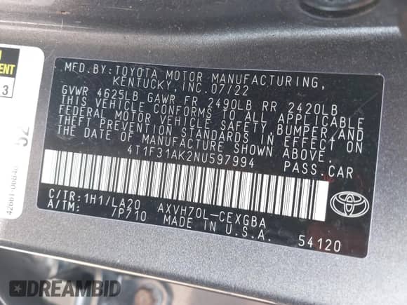 2022 Toyota Camry Hybrid XLE with VIN 4T1F31AK2NU597994, listed as a IAAI auction lot 42550485 with 71,900 mi miles and . Bid and sale history available at DreamBid. Image 9.