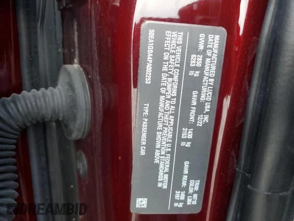 ✅ 2023 Lucid Air Grand Touring • VIN: 50EA1GBA4PA002253 • Lot: 44174925. Wystawiony na Copart z przebiegiem 9 760 mil. Bezpłatny archiwum sprzedaży aukcyjnych z USA i szczegółowy raport historii pojazdu na DreamBid. Zdjęcie 12.