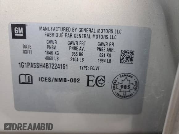 2011 Chevrolet Cruze LS+ 1SB с VIN 1G1PA5SH4B7224161, выставлен на аукционе Copart как лот 66935185 с пробегом 126 229 миль миль и Чистый • Clean title. История ставок и продаж доступна на DreamBid. Изображение 12.