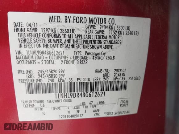 ✅ 2011 Lincoln MKS • VIN: 1LNHL9DR4BG612621 • Лот: 41914732. Опубликован ранее на IAAI с пробегом 206 855 миль. Бесплатный доступ к архиву аукционных продаж из США и подробный отчёт об истории автомобиля на DreamBid. Изображение 9.