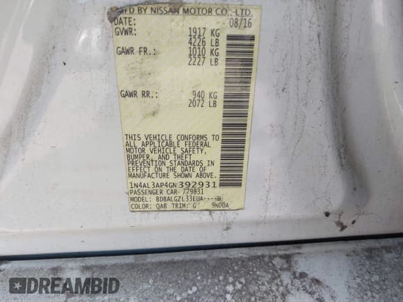 ✅ 2016 Nissan Altima S • VIN: 1N4AL3AP4GN392931 • Lot: 42304408. Listed on IAAI with Not provided. Free auction sales archive from the USA and detailed vehicle history report at DreamBid. Image 9.