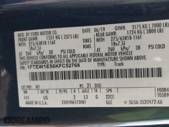 ✅ 2019 Ford F-150 XL • VIN: 1FTEW1E56KFC52768 • Lot: 43733559. Listed on IAAI with 133,731 mi. Free auction sales archive from the USA and detailed vehicle history report at DreamBid. Image 9.