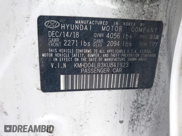 ✅ 2019 Hyundai Elantra Sport • VIN: KMHD04LB3KU841923 • Lot: 41887656. Listed on IAAI with 64,454 mi. Free auction sales archive from the USA and detailed vehicle history report at DreamBid. Image 9.