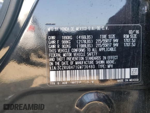 ✅ 2016 Honda HR-V EX-L • VIN: 3CZRU6H71GM736480 • Лот: 67617675. Опубликован ранее на Copart с пробегом 89 736 миль. Бесплатный доступ к архиву аукционных продаж из США и подробный отчёт об истории автомобиля на DreamBid. Изображение 13.