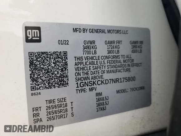 ✅ 2022 Chevrolet Suburban LT • VIN: 1GNSKCKD7NR175800 • Lot: 65686495. Listed on Copart with 110,322 mi. Free auction sales archive from the USA and detailed vehicle history report at DreamBid. Image 13.