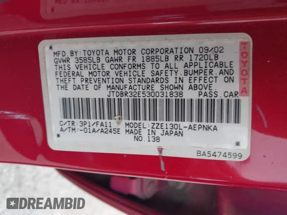 ✅ 2003 Toyota Corolla CE • VIN: JTDBR32E530031838 • Lot: 43693158. Listed on IAAI with 207,795 mi. Free auction sales archive from the USA and detailed vehicle history report at DreamBid. Image 9.