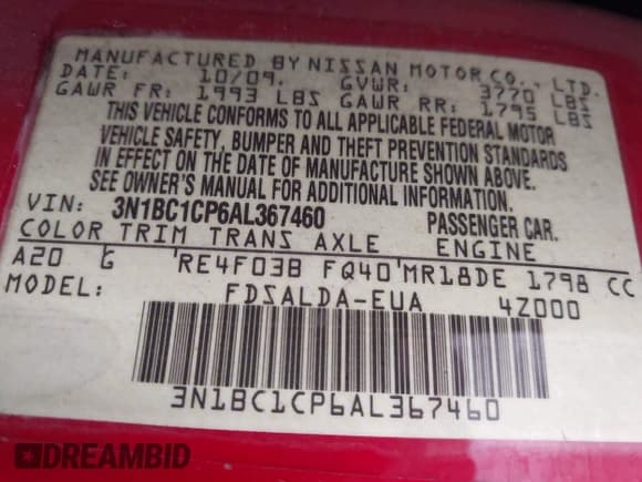 ✅ 2010 Nissan Versa SL • VIN: 3N1BC1CP6AL367460 • Lot: 42910654. Listed on IAAI with 187,938 mi. Free auction sales archive from the USA and detailed vehicle history report at DreamBid. Image 9.