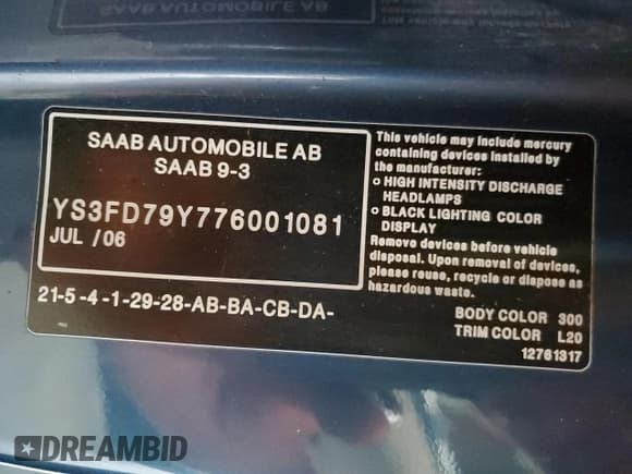✅ 2007 Saab 9-3 • VIN: YS3FD79Y776001081 • Lot: 81516635. Wystawiony na Copart z przebiegiem 146 503 mil. Bezpłatny archiwum sprzedaży aukcyjnych z USA i szczegółowy raport historii pojazdu na DreamBid. Zdjęcie 12.