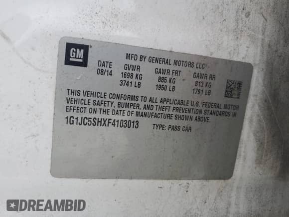 2015 Chevrolet Sonic LT z VIN 1G1JC5SHXF4103013, wystawiony jako Copart lot #71414114 z przebiegiem 169 575 mil mil oraz Szkoda całkowita • Salvage title. Historia ofert i sprzedaży dostępna na DreamBid. Obrazek 14.