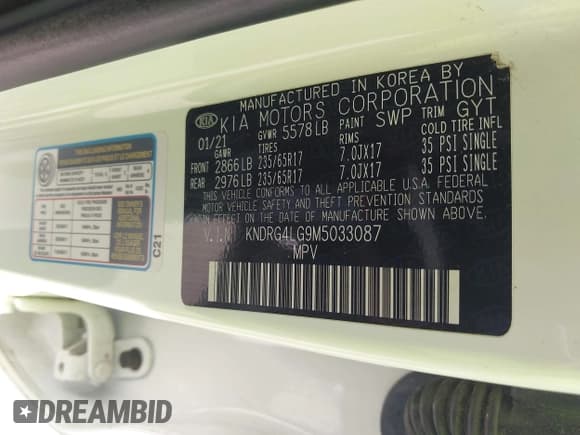 ✅ 2021 Kia Sorento S • VIN: KNDRG4LG9M5033087 • Lot: 43080945. Listed on IAAI with 58,524 mi. Free auction sales archive from the USA and detailed vehicle history report at DreamBid. Image 9.