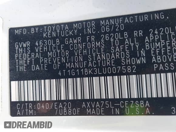 2020 Toyota Camry SE with VIN 4T1G11BK3LU007582, listed as a IAAI auction lot 42414113 with 113,925 mi miles and . Bid and sale history available at DreamBid. Image 9.