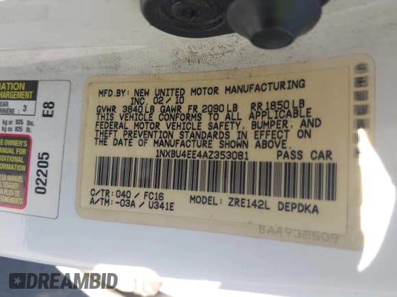 ✅ 2010 Toyota Corolla S • VIN: 1NXBU4EE4AZ353081 • Лот: 43404465. Опубликован ранее на IAAI с пробегом 132 162 миль. Бесплатный доступ к архиву аукционных продаж из США и подробный отчёт об истории автомобиля на DreamBid. Изображение 9.