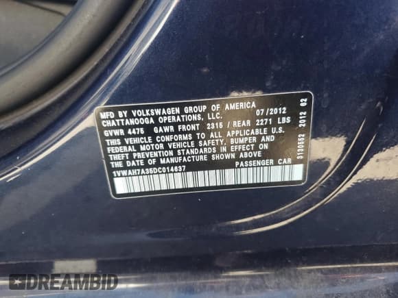 ✅ 2013 Volkswagen Passat S • VIN: 1VWAH7A35DC014637 • Lot: 86987325. Listed on Copart with 201,923 mi. Free auction sales archive from the USA and detailed vehicle history report at DreamBid. Image 13.